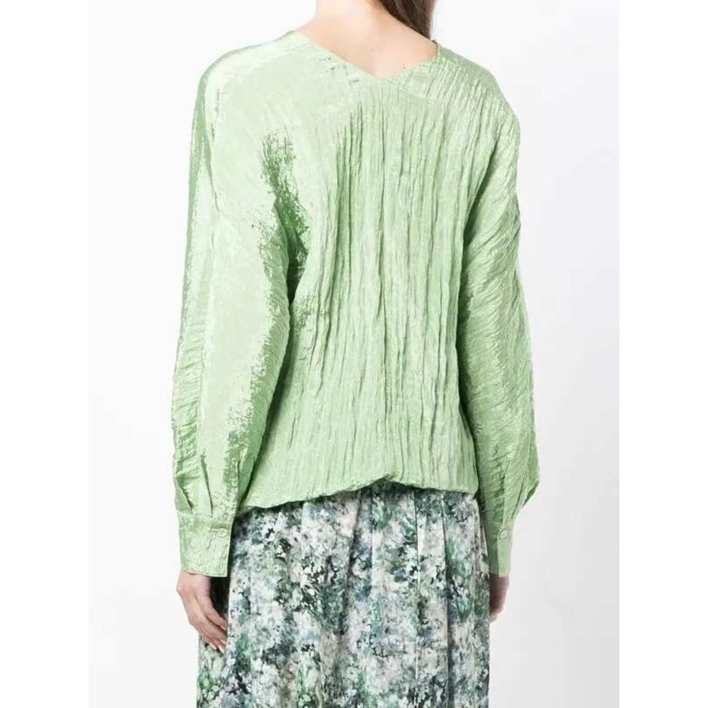 Vince‎ Top Womens S Green V-Neck Long Sleeve Crinkle Texture Blouse Modern Chic - Picture 6 of 13